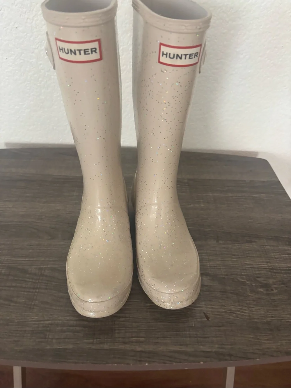 Hunter cream glitter rain boots
